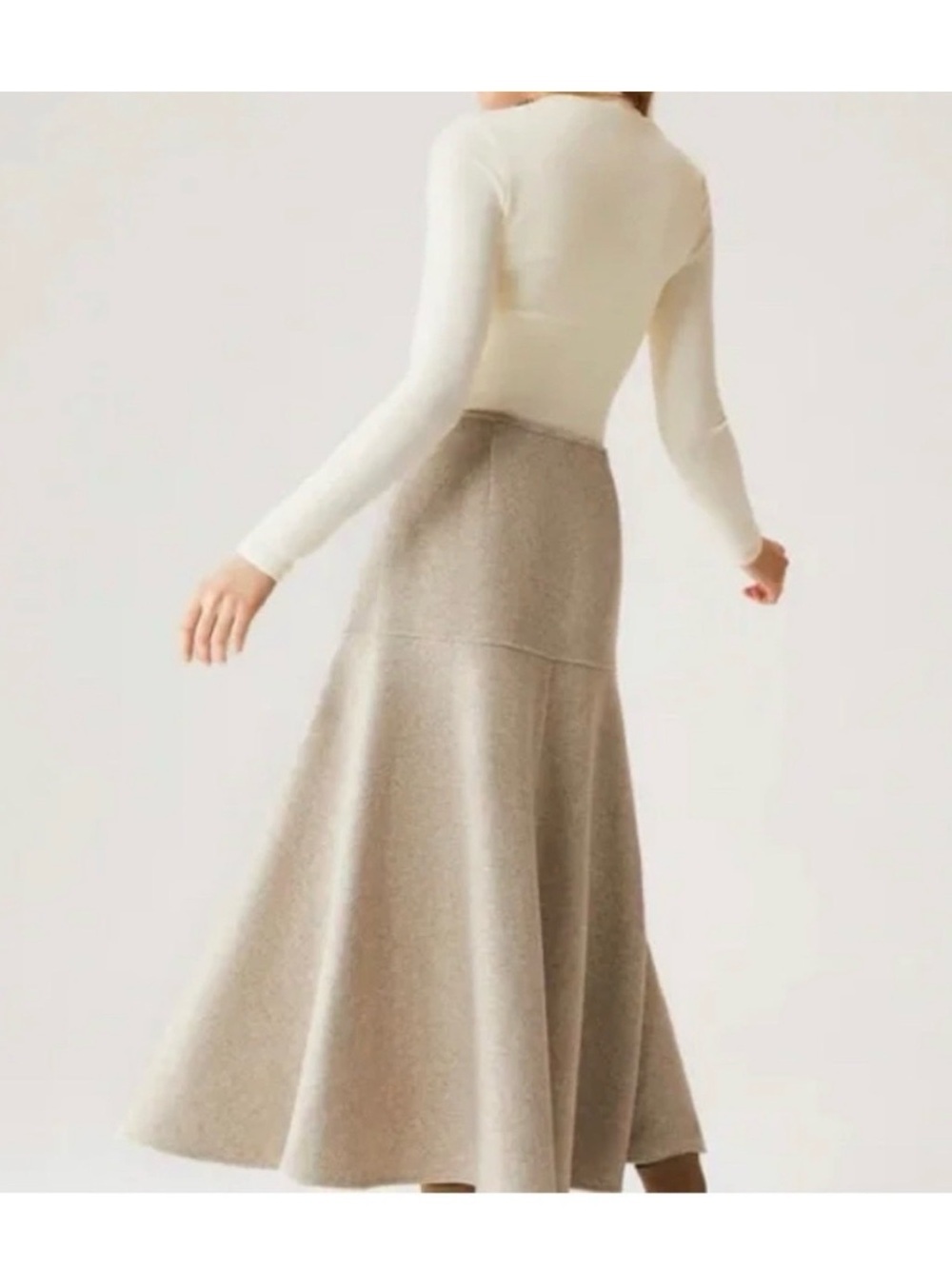 OGL CashSoft Oatmeal Flared Maxi Skirt L Wool Like Knit Minimalist Quiet Luxury - Picture 3 of 12